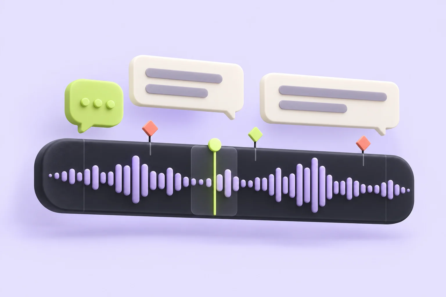 Concept illustration of voiceover, subtitles and an audio waveform.